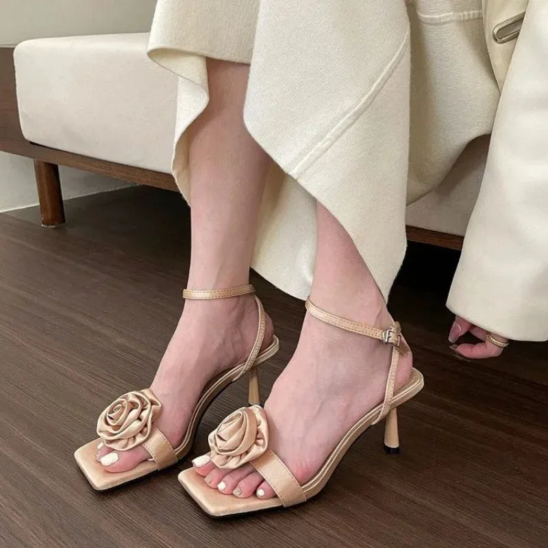 binfenxie New Elegant Woman Sandals High Heeled Sweet Rose Closed Toe Footwear Summer Slingback Pointed Fashion Dress Ladies Shoes