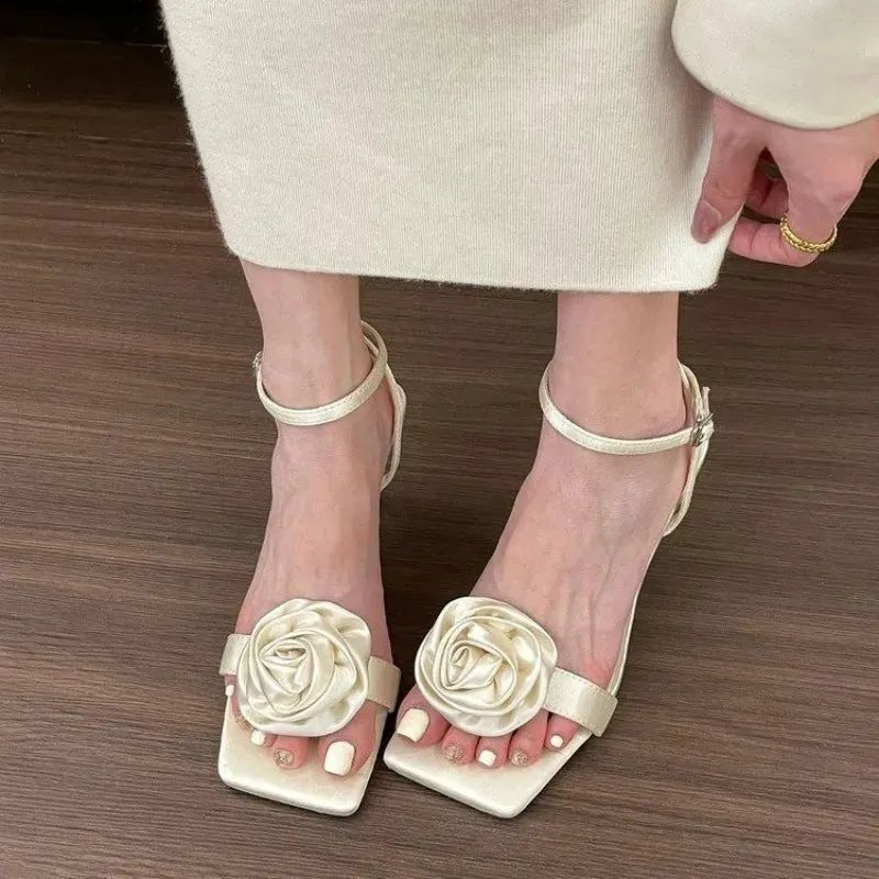 binfenxie New Elegant Woman Sandals High Heeled Sweet Rose Closed Toe Footwear Summer Slingback Pointed Fashion Dress Ladies Shoes
