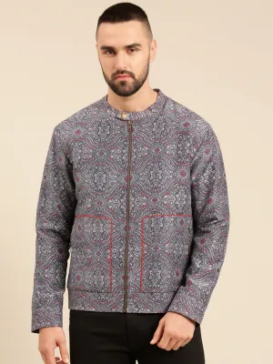 Blue Linen Bemberg Print Jacket - MMBJ021