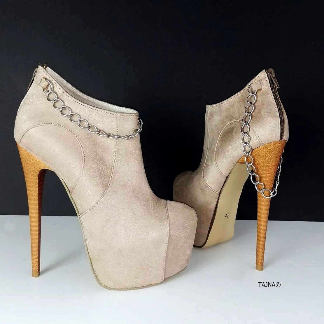 Chain Detail Beige Suede Ankle Booties