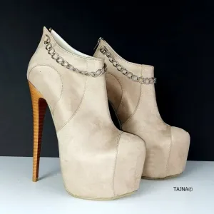 Chain Detail Beige Suede Ankle Booties