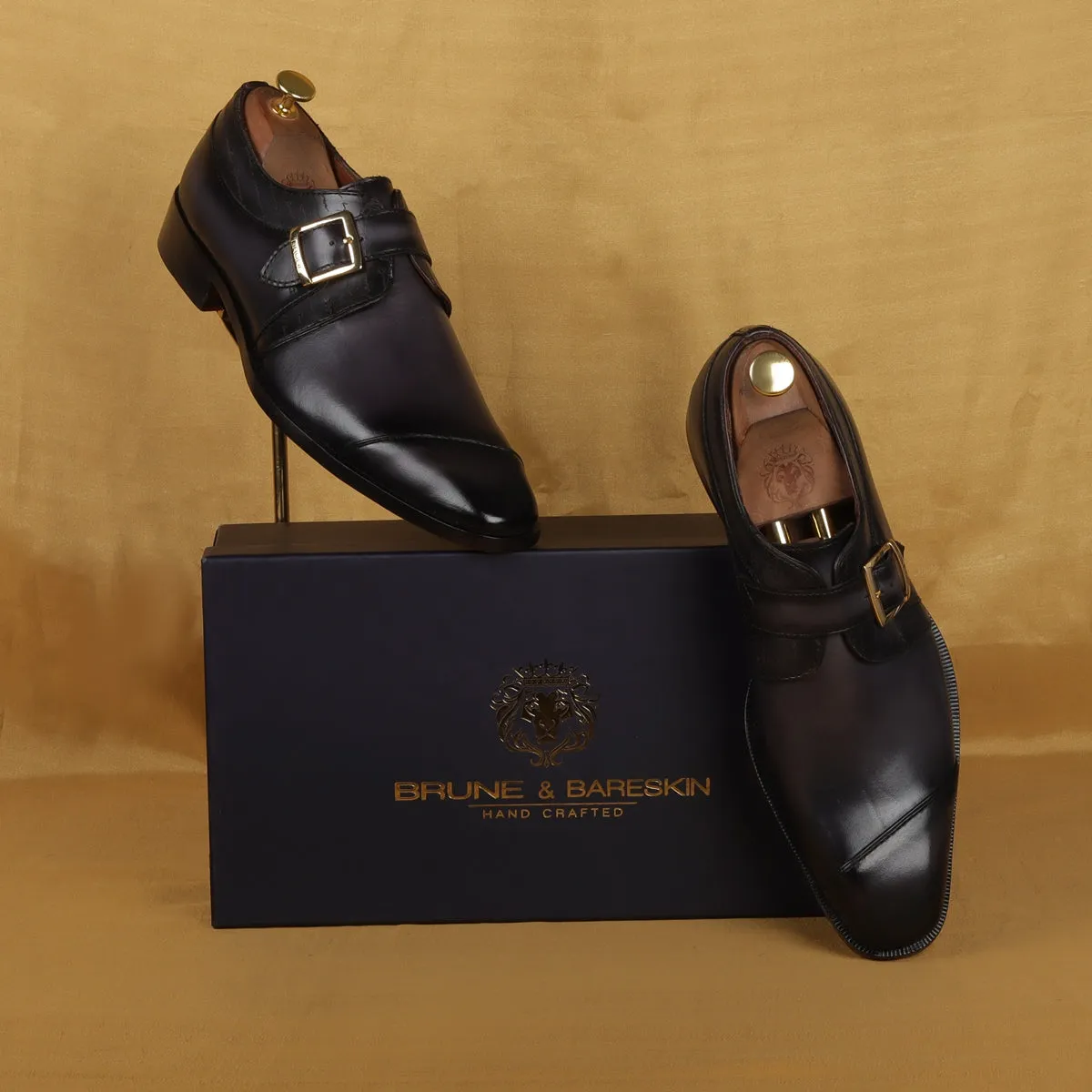 Laser Engraved Single Monk Formal Shoes in  Grey Leather Slant Cap Toe Top Line By Brune & Bareskin