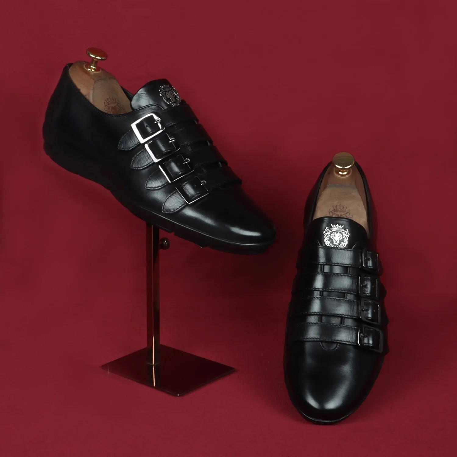Light Weight Black Genuine Leather Parallel Monk Straps Sneakers Shoes by Brune & Bareskin