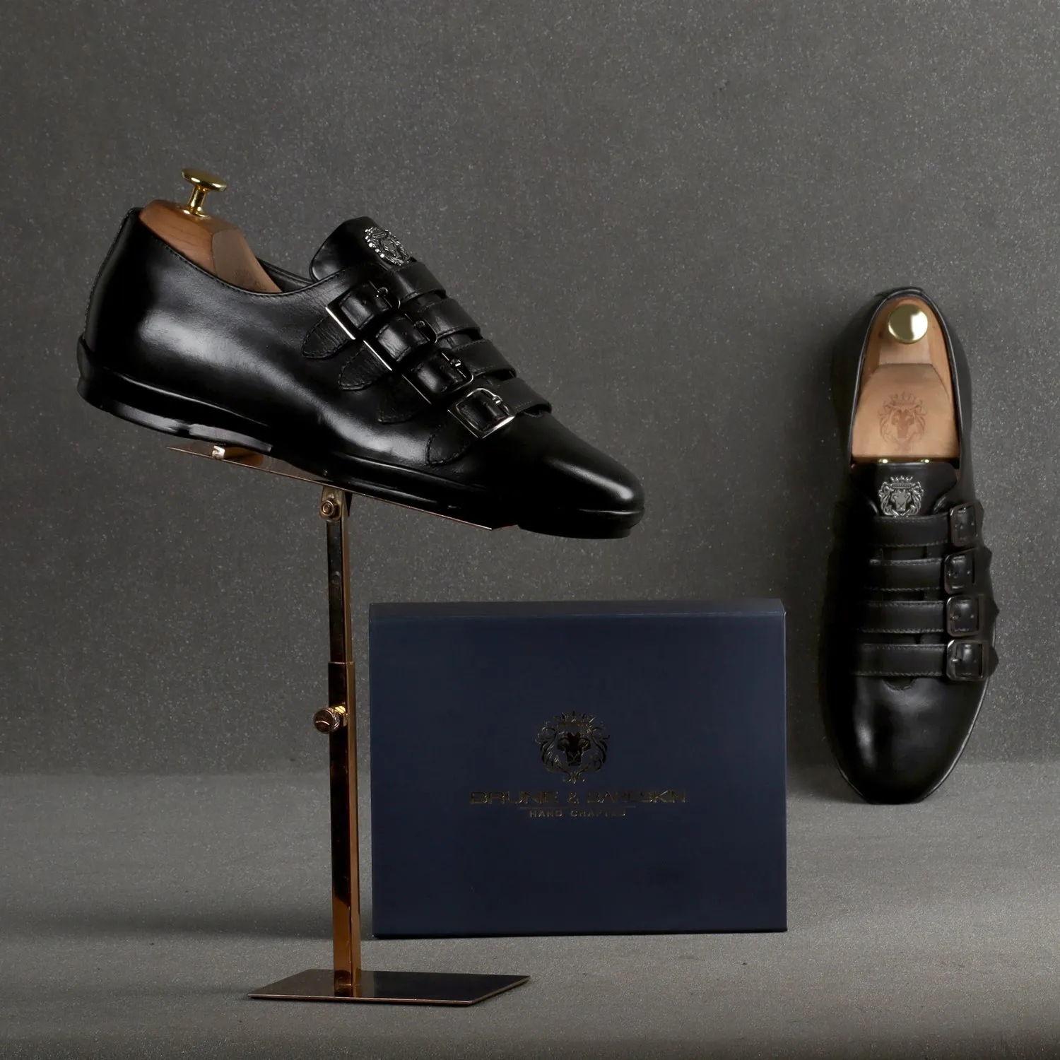 Light Weight Black Genuine Leather Parallel Monk Straps Sneakers Shoes by Brune & Bareskin