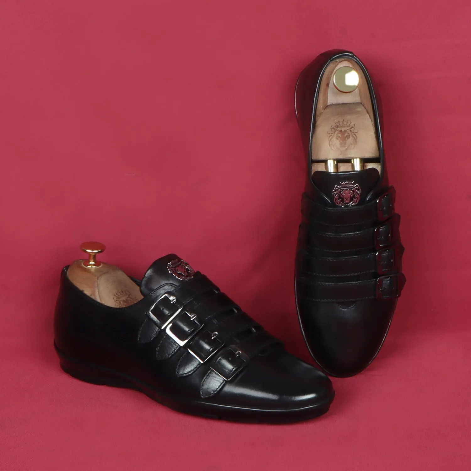 Light Weight Black Genuine Leather Parallel Monk Straps Sneakers Shoes by Brune & Bareskin