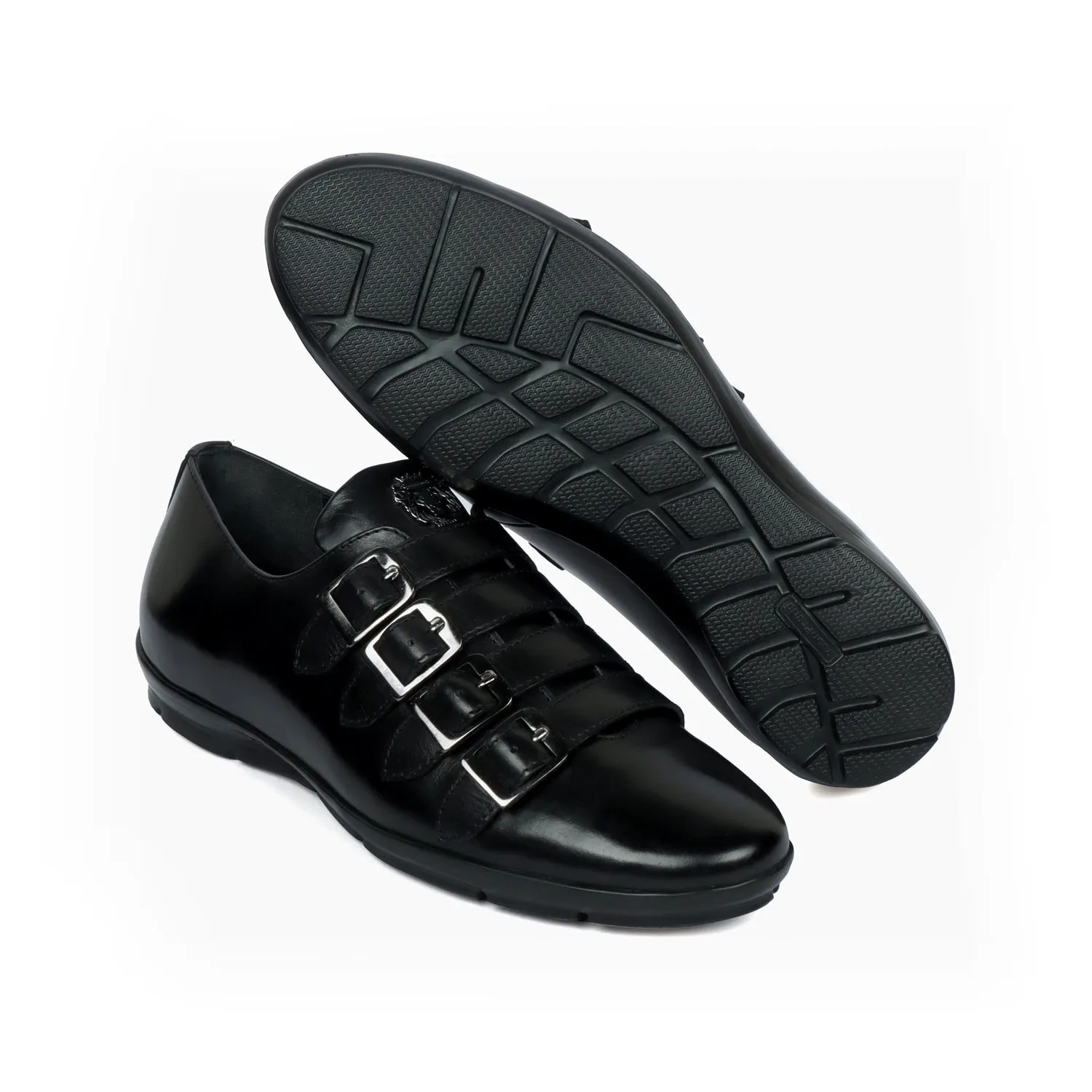 Light Weight Black Genuine Leather Parallel Monk Straps Sneakers Shoes by Brune & Bareskin