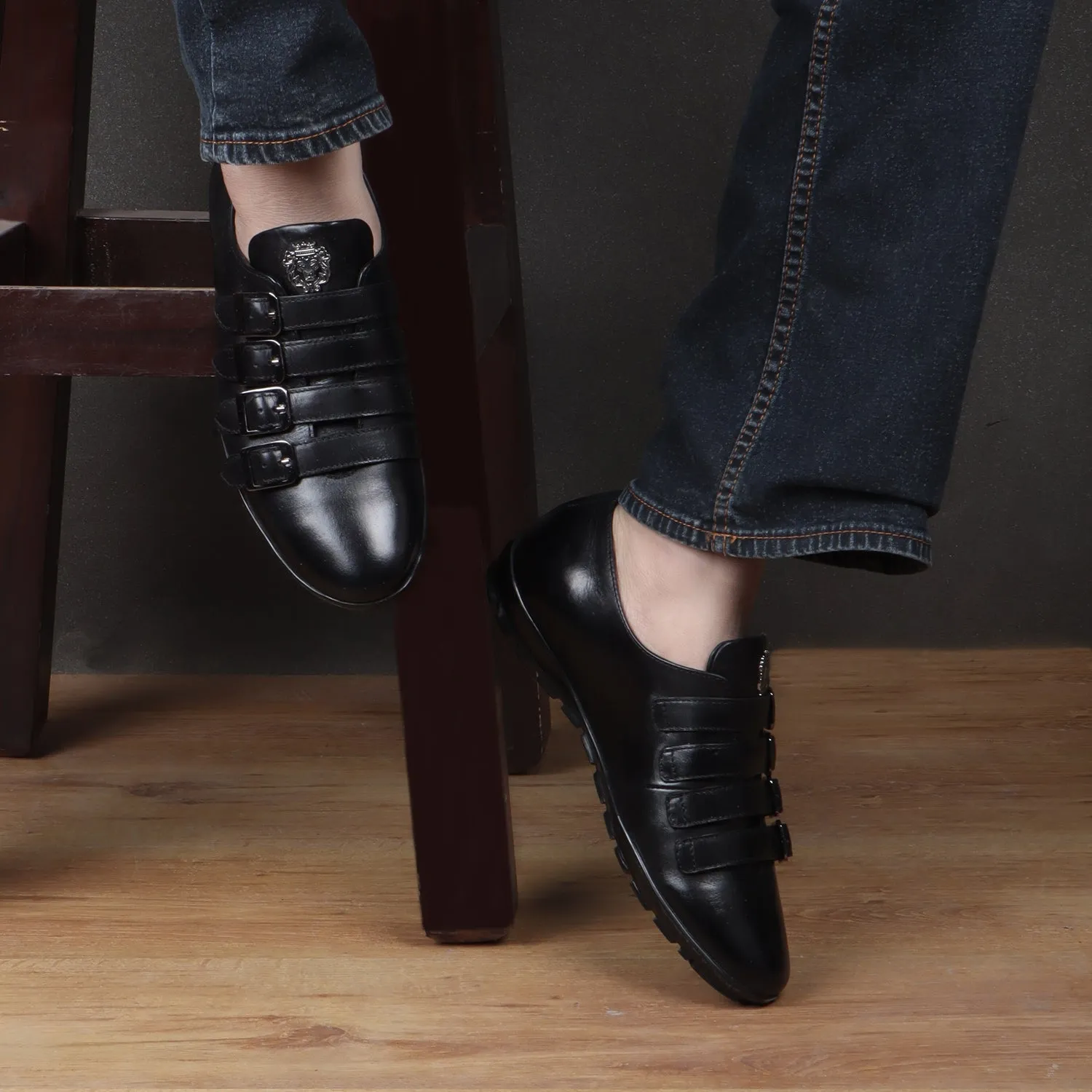 Light Weight Black Genuine Leather Parallel Monk Straps Sneakers Shoes by Brune & Bareskin