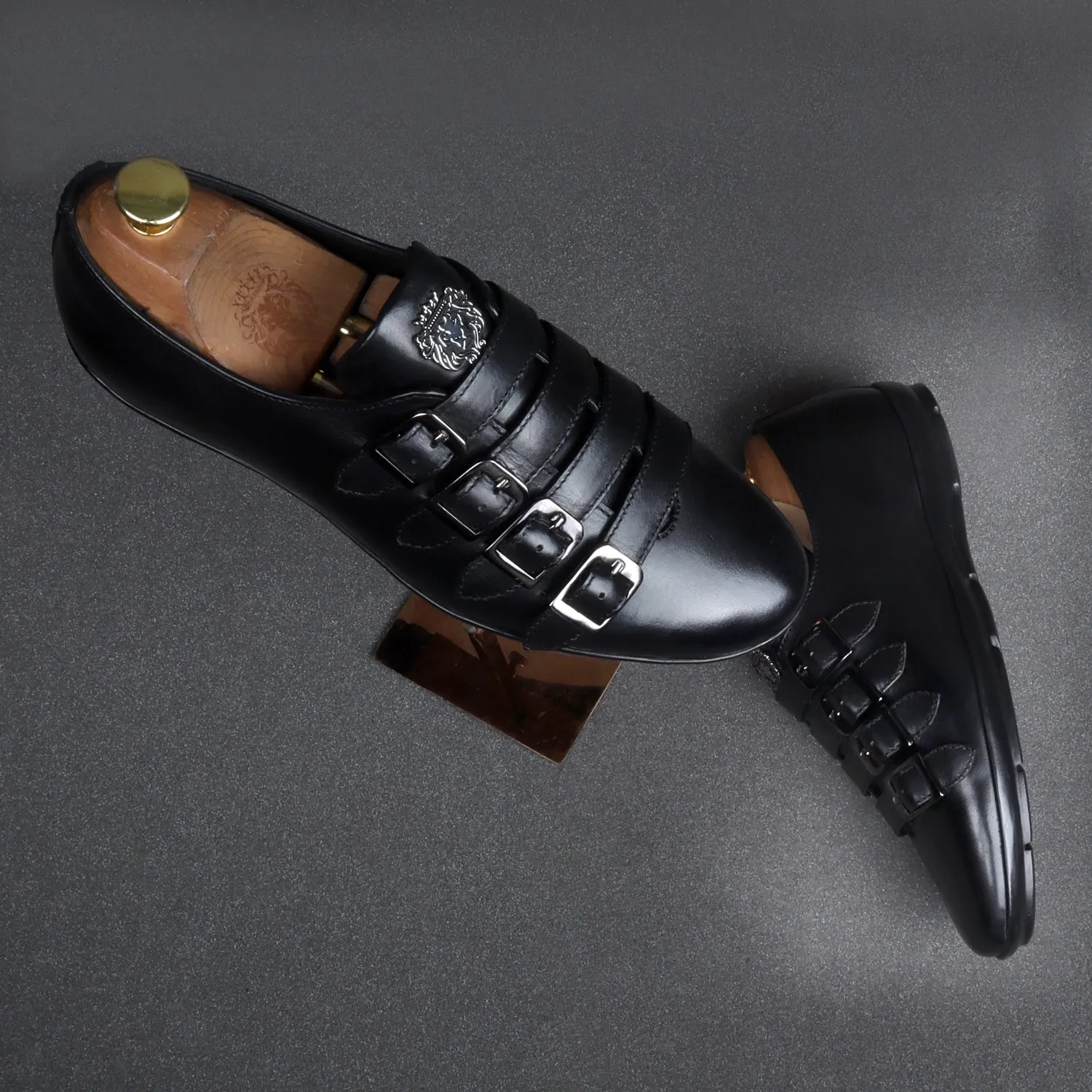 Light Weight Black Genuine Leather Parallel Monk Straps Sneakers Shoes by Brune & Bareskin