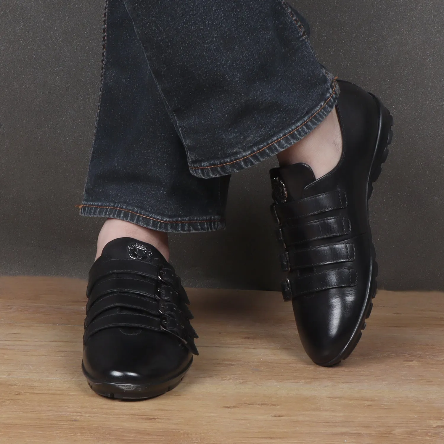 Light Weight Black Genuine Leather Parallel Monk Straps Sneakers Shoes by Brune & Bareskin