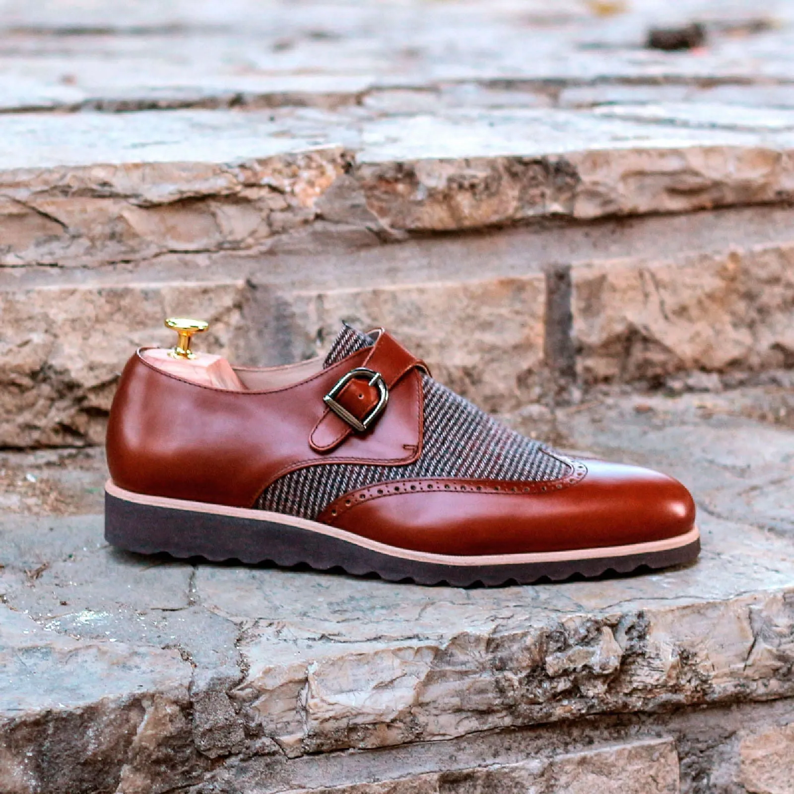 Men's Single Monk Leather Shoes Wide Plus Size Brown 1618