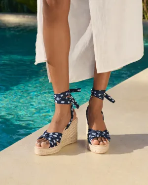 Silk Wedge Espadrilles With Knot - H48WS - Monaco Navy Blue Pois