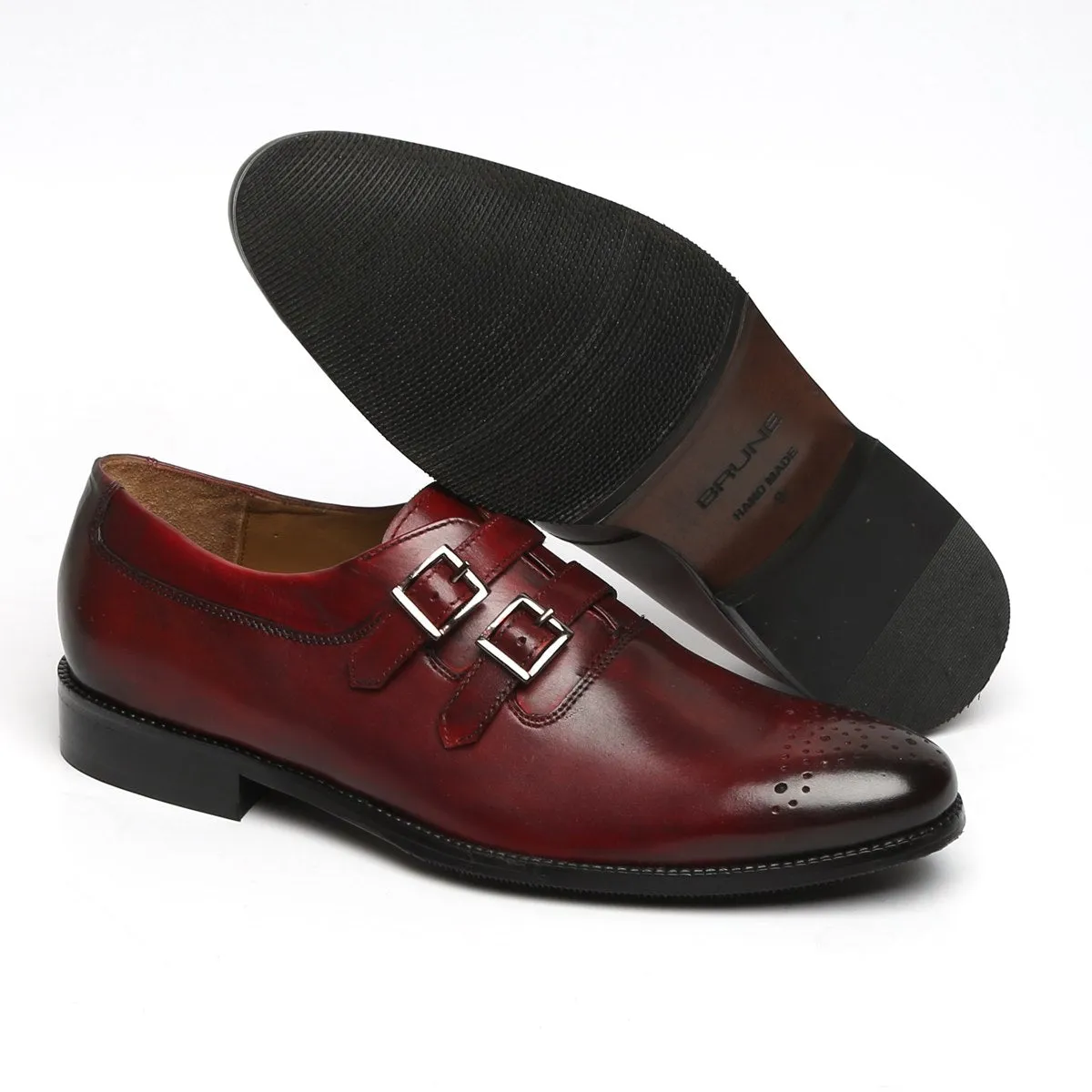 WINE PARALLEL DOUBLE MONK STRAPS LEATHER FORMAL SHOES BY BRUNE & BARESKIN