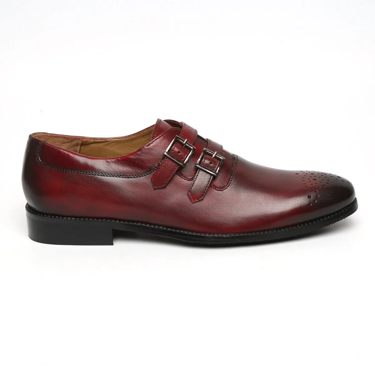 WINE PARALLEL DOUBLE MONK STRAPS LEATHER FORMAL SHOES BY BRUNE & BARESKIN